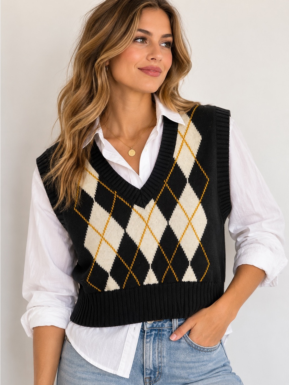Love Tree Argyle Sweater Vest Small Black Cream Mustard Preppy Y2K